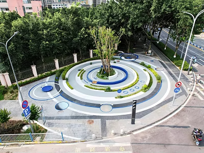 Park Landscape With Circular Design Central Tree Multi Level Platforms Blue Gray Elements And Greenery 3d model