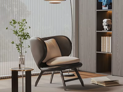 Modern Accent Chair With Leather Upholstery Side Table Plant And Wooden Bookshelf 3d model