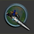 Game Character Nova Ray Blue Hair Armored Outfit Wielding Large Futuristic Gun on Green Base