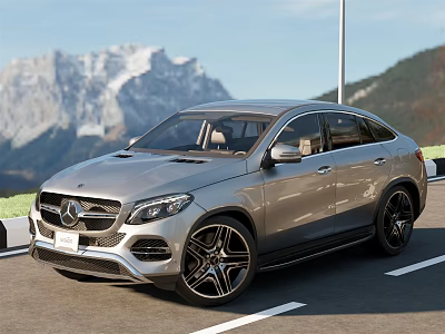 Silver Mercedes Coupe SUV Parked On Road With Scenic Mountain View 3d model