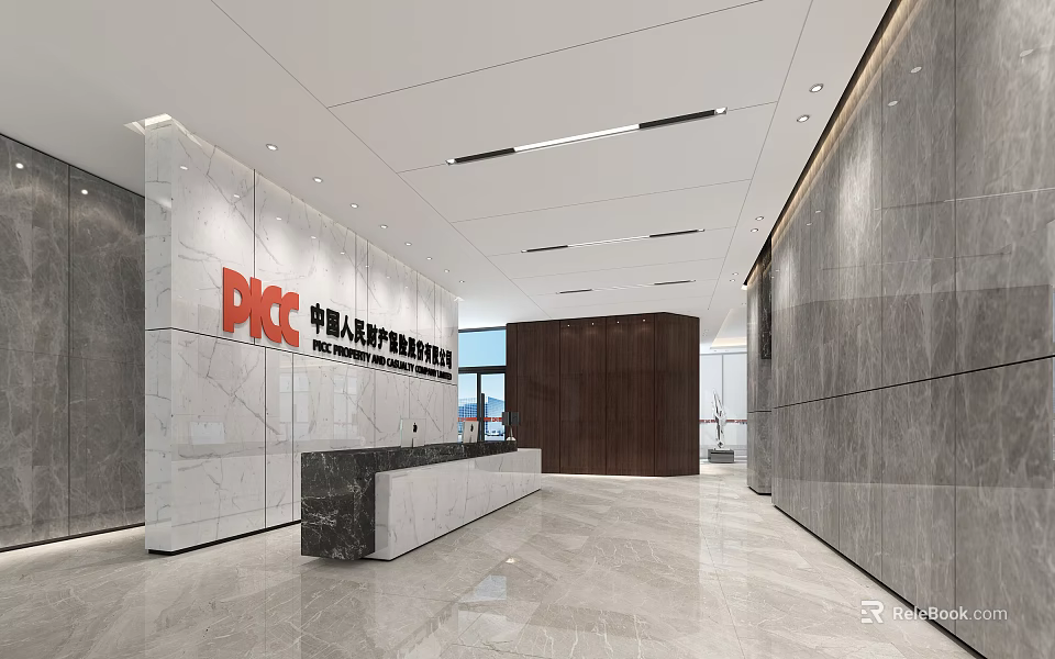 PICC Front Reception Desk With Modern Marble Walls And Spacious Lobby Design 3d model 