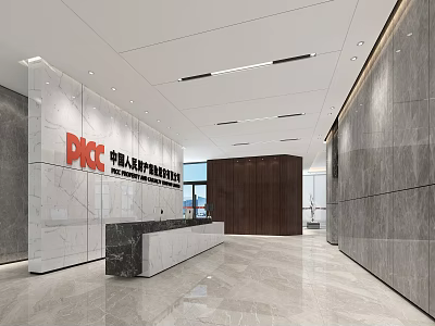 PICC Front Reception Desk With Modern Marble Walls And Spacious Lobby Design 3d model