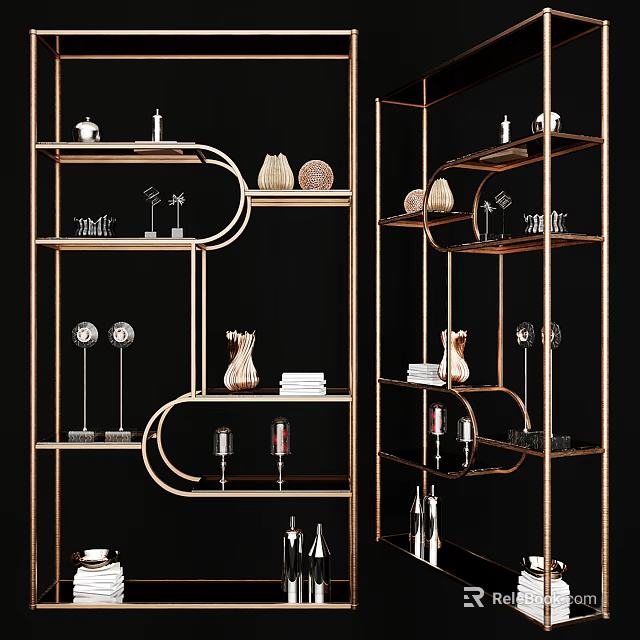 Elegant Modern Gold Metal Frame Bookcase With Decorative Vases Books And Wine Glasses 3d model 