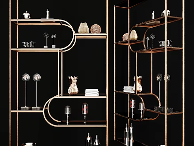 Elegant Modern Gold Metal Frame Bookcase With Decorative Vases Books And Wine Glasses 3d model