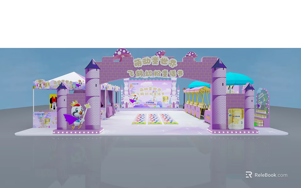 Colorful Disney Castle Themed Children's Playground Event with Pink Structures and Play Areas 3d model 