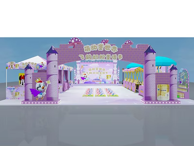 Colorful Disney Castle Themed Children's Playground Event with Pink Structures and Play Areas 3d model