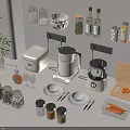 Modern Kitchen Utensils Collection with Appliances Spice Jars Bowls Plates and Cutting Board