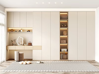 Modern Wardrobe Design With Integrated Storage Shelves Drawer Units And Decorative Items 3d model