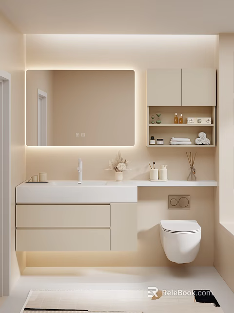 Modern Minimalist Bathroom Interior With Vanity Mirror Cabinets And Toilet 3d model 