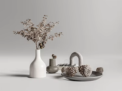 Stylish White Vase With Dried Plants Small Gray Vase And Pine Cones On Tray 3d model