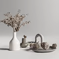 Stylish White Vase With Dried Plants Small Gray Vase And Pine Cones On Tray