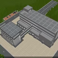 Modern Office Building With Glass Curtain Walls Gray Exterior And Green Lawn Under Blue Sky