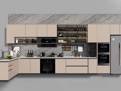 Modern Kitchen Interior Featuring Kitchenware With Marble Wall Cabinets And Appliances 3d model