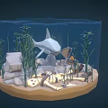 Cartoon Underwater Scene With Shark Aquarium Plants Treasure Chest And Rocks
