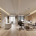 Modern Open Office Interior With Wooden Desk Glass Bookshelf Green Plant And White Chair