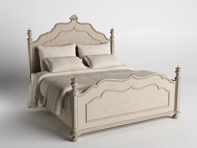 Classic European Style Double Bed With Carved Headboard And Beige Linen Bedding 3d model