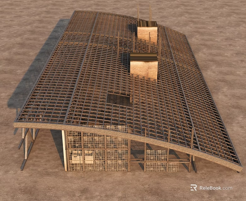 Large Curved Grid Metal Roof Structure With Support Columns And Square Vents 3d model 