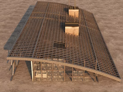 Large Curved Grid Metal Roof Structure With Support Columns And Square Vents 3d model