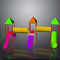 Colorful Kids Playground Building Structure With Green Orange Yellow Slides Towers Pipes
