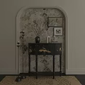 Stylish Entryway Console Cabinet with Black Finish Floral Wallpaper and Decorative Wall Art