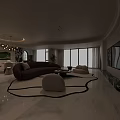 Modern Living and Dining Room With Purple Sofa Circular Rug And Floor to Ceiling Windows