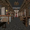 Traditional Hot Pot Restaurant Interior With Wooden Structures Stone Brick Floor Lanterns And Decorative Plates