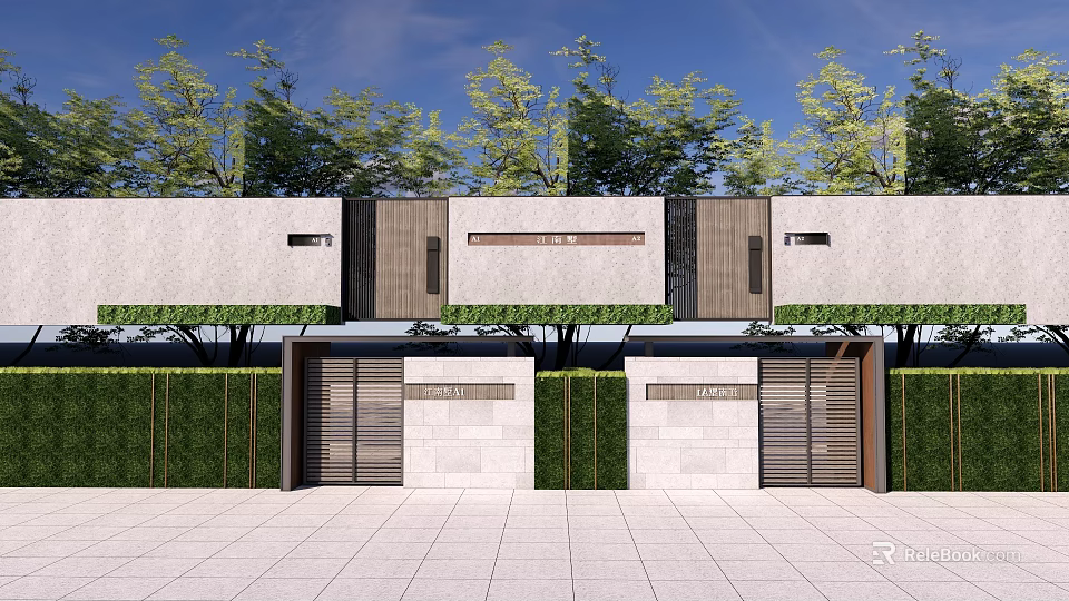 Modern Building Exterior Wall With Gray And Wooden Panels Greenery Around Double Entrance Doors 3d model 