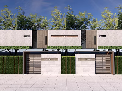 Modern Building Exterior Wall With Gray And Wooden Panels Greenery Around Double Entrance Doors 3d model