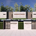 Modern Building Exterior Wall With Gray And Wooden Panels Greenery Around Double Entrance Doors