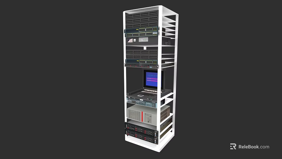 Modern Commercial Equipment Server Rack With Multiple Technical Devices And Display Screen 3d model