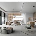 Modern Spacious Office Interior Design With Large Windows Open Shelves And Lounge Sofa 3d model