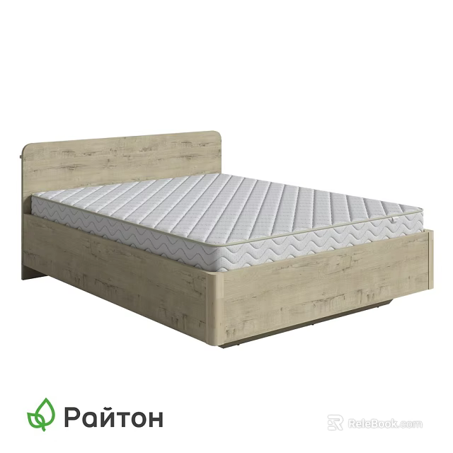 Double Bed with Light Wood Finish Frame and White Wavy Pattern Mattress 3d model 