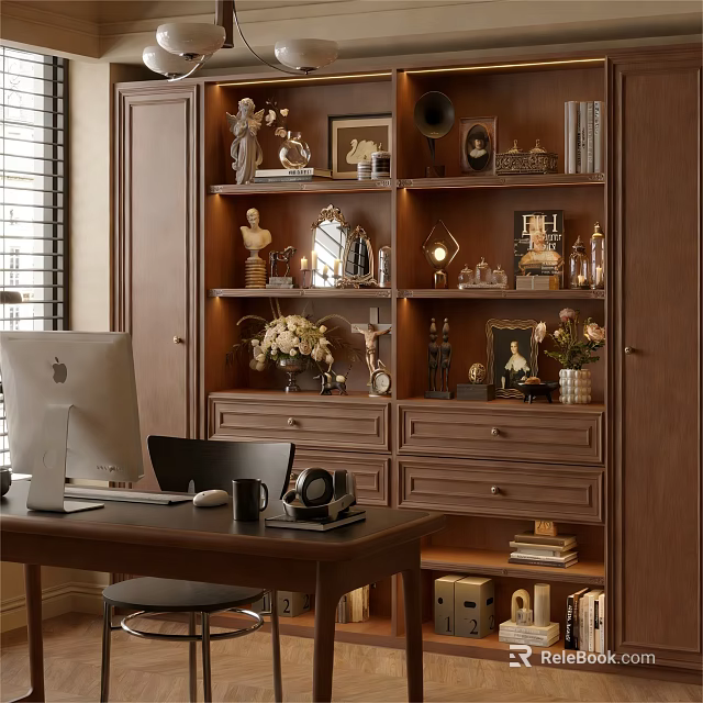 Wooden Bookcase With Decorative Items Books Photo Frames And Table Lamp Beside Desk 3d model 