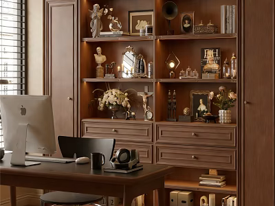 Wooden Bookcase With Decorative Items Books Photo Frames And Table Lamp Beside Desk 3d model