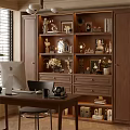 Wooden Bookcase With Decorative Items Books Photo Frames And Table Lamp Beside Desk