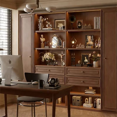 Wooden Bookcase With Decorative Items Books Photo Frames And Table Lamp Beside Desk 3d model