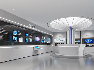 Modern Exhibition Hall Featuring Multiple Display Screens Central White Reception Desk and Tech Inspired Design 3d model