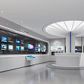 Modern Exhibition Hall Featuring Multiple Display Screens Central White Reception Desk and Tech Inspired Design