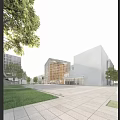 Modern Urban Plaza With Geometric Buildings Glass Facades Trees And People Walking
