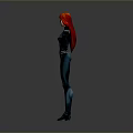 Woman with red hair wearing blue tight suit and black belt arms outstretched