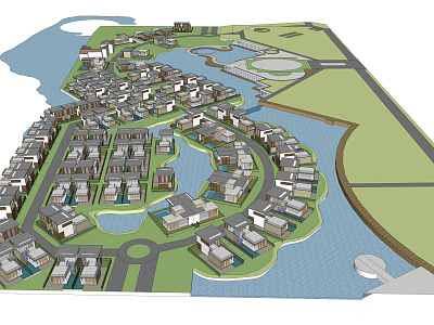 Scenic Waterfront Hotel Buildings With Resort Layout Green Spaces And Water Views 3d model