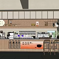 Cozy Cafe Interior With Wooden Bar Counter Coffee Equipment Tea Canisters Stools And Wall Decor