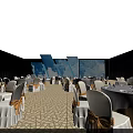 Blue Themed Banquet Hall With Round Tables Chairs Tablecloths Bow Decorations And Sky Background Screens