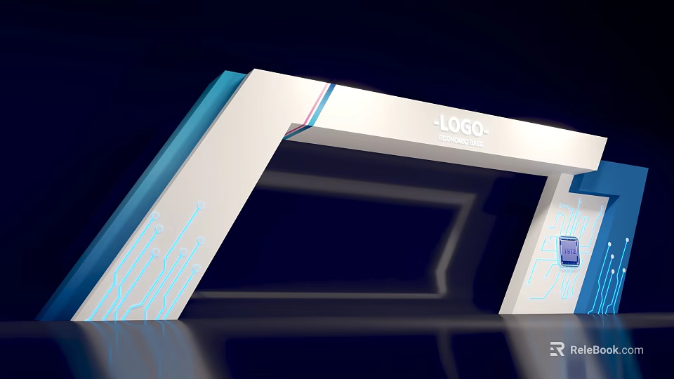Modern Exhibition Booth Design With White Blue Illuminated Lines And Logo 3d model 