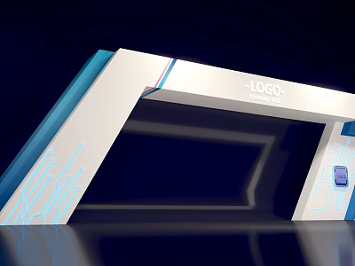 Modern Exhibition Booth Design With White Blue Illuminated Lines And Logo 3d model