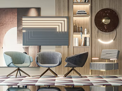Stylish Leisure Chairs In Modern Interior With Wooden Shelf Decorative Art And Patterned Rug 3d model