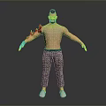 Shirtless Muscular Man With Flame Tattoo On Left Arm In Camouflage Pants And White Shoes