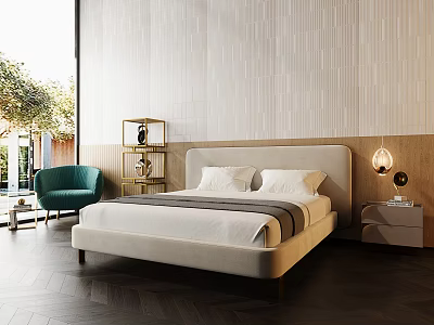 Modern Bedroom Interior With Upholstered Bed Green Armchair Textured Wall Tiles And Herringbone Floor 3d model