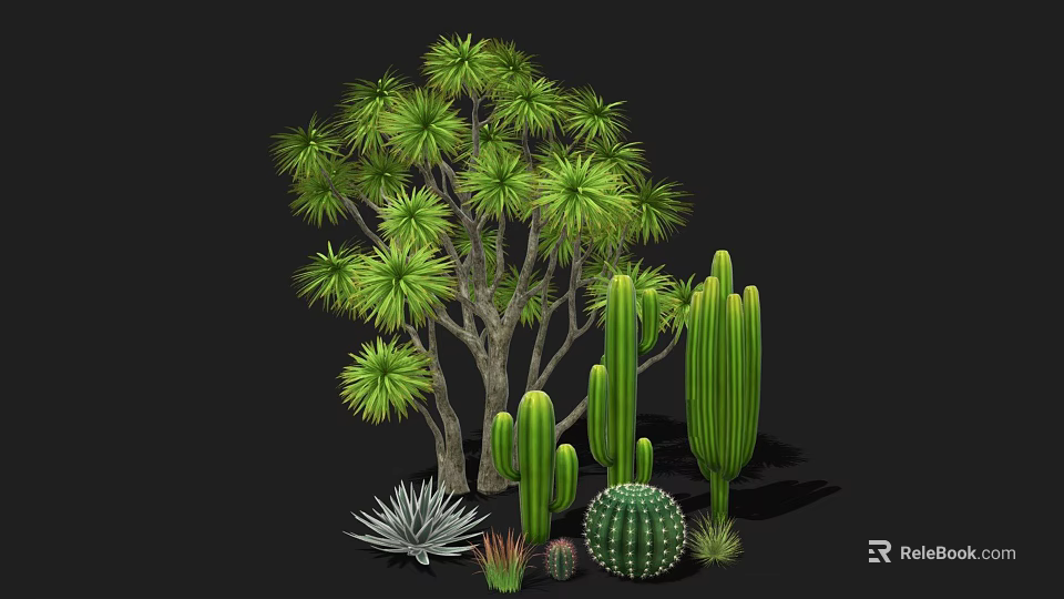 Diverse Green Plants Including Leafy Tree Tall Cacti Round Cactus And Succulents 3d model 