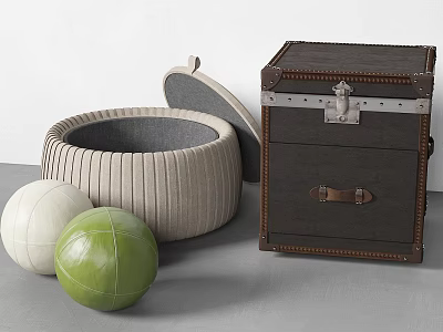 Round Woven Storage Box With Open Lid And Dark Leather Trimmed Trunk With Metal Clasps 3d model
